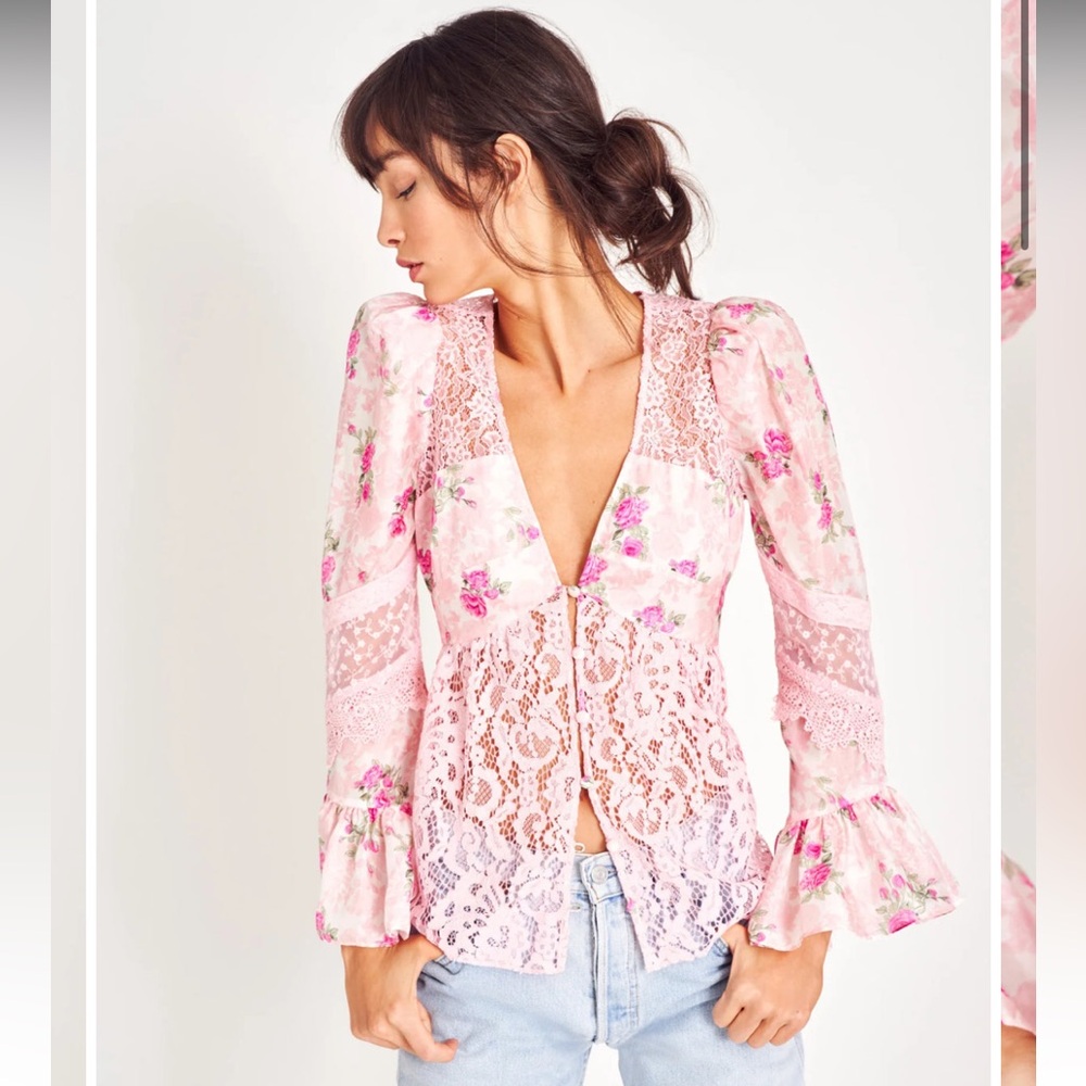 LoveShackFancy Pink Floral Lace Top - Picture 2 of 9